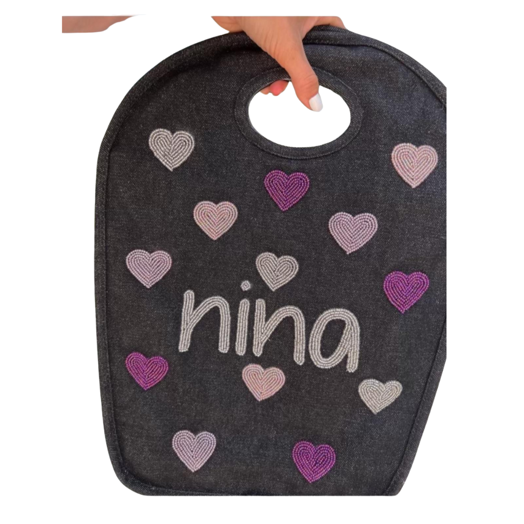 Beaded Keyhole Bag - Hearts all over & lowercase name