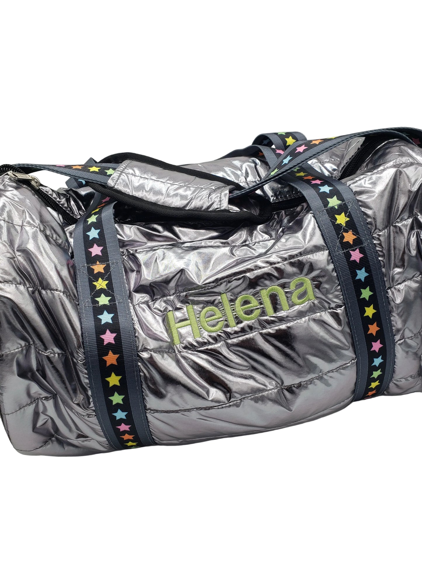 Puffer Duffle Bag - Silver w/ Multi Star Strap