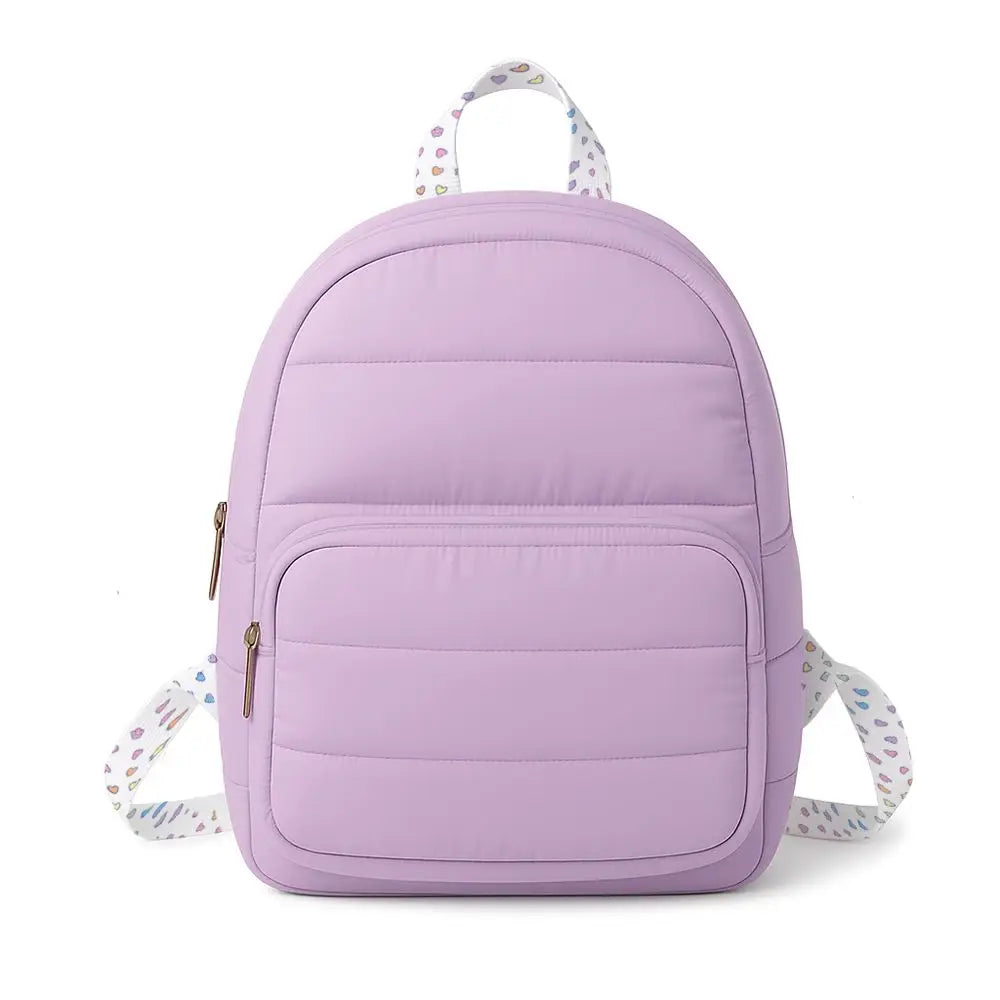 Puffer Mini Knapsack - Purple with Rainbow Heart Strap