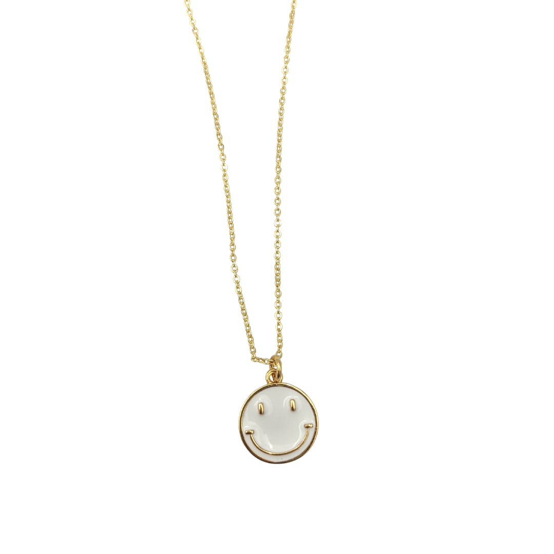 Necklace - Enamel Smiley - White