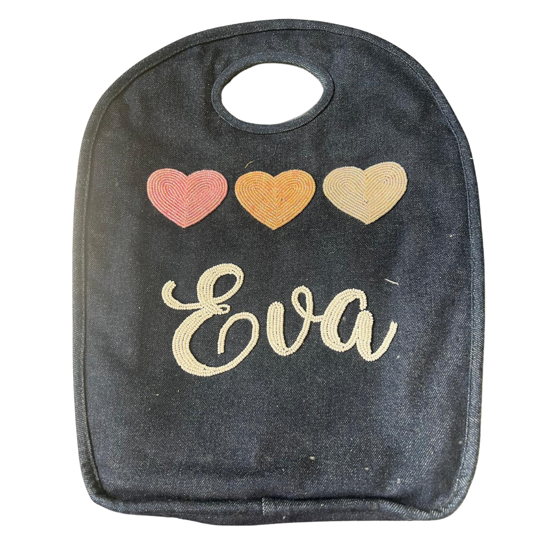 Beaded Keyhole Bag - 3 hearts with script name