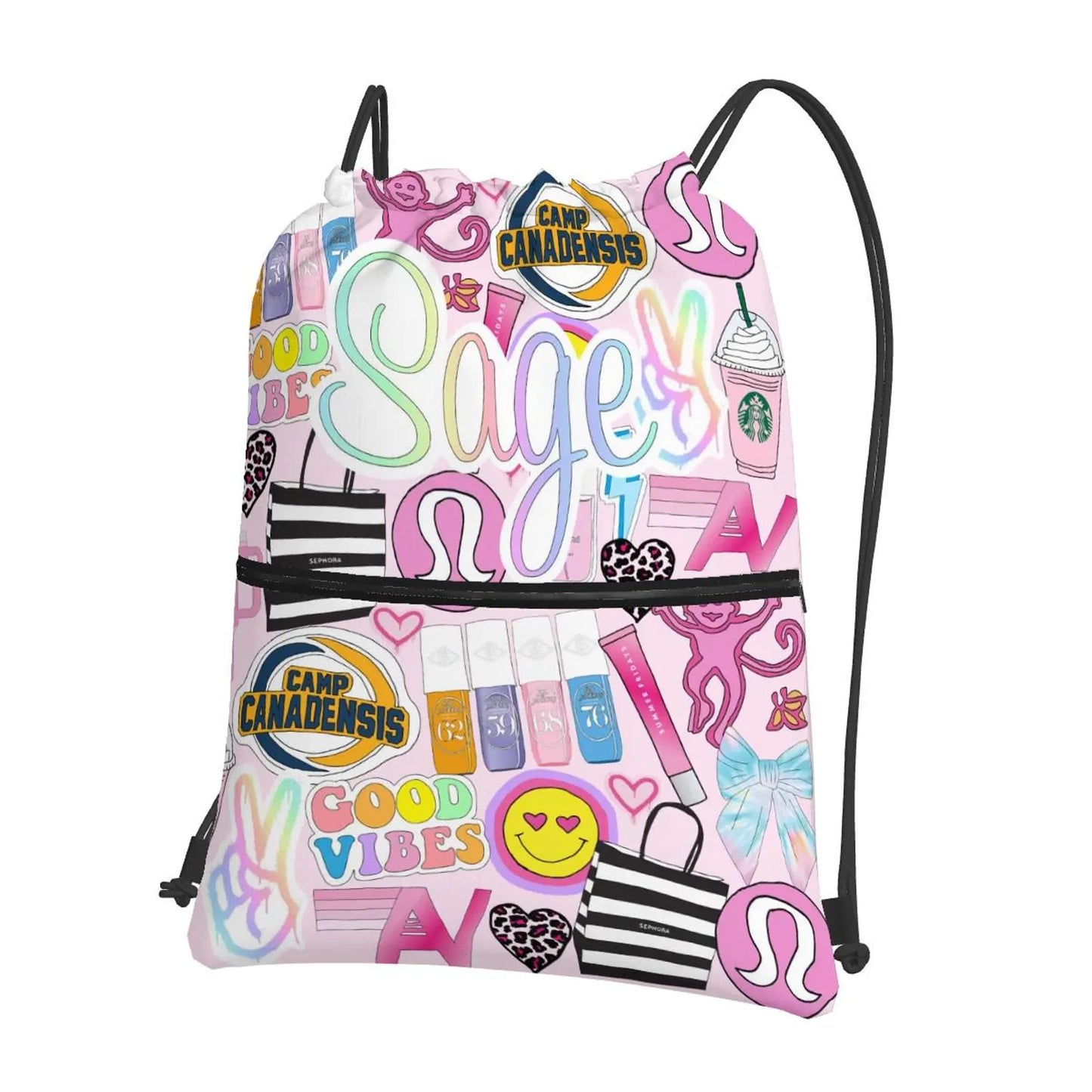 Sticker Style Cinch Knapsack - Pink Preppy