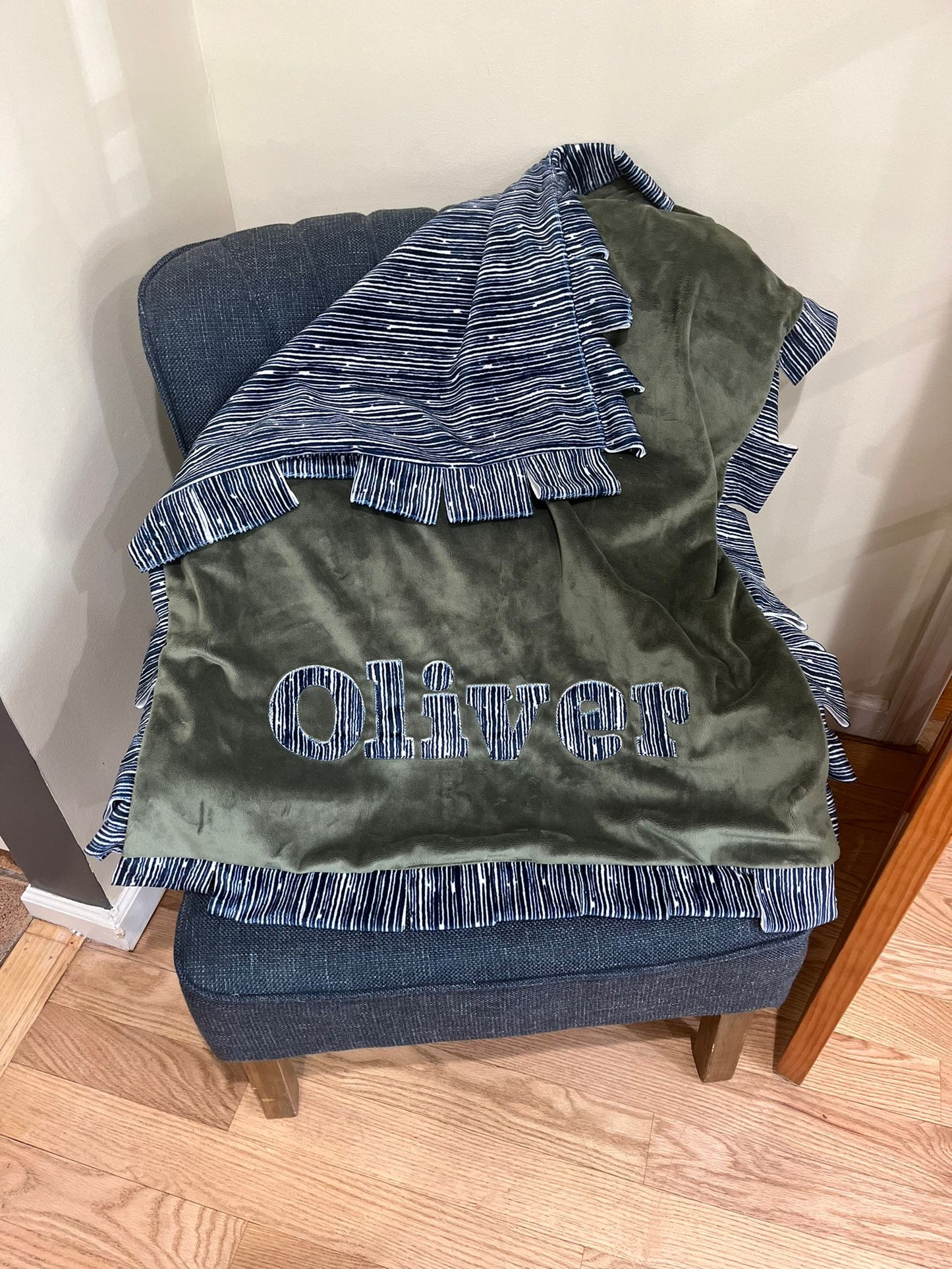 Name Game Grey/Blue and White Stripes Plush Minky Blanket