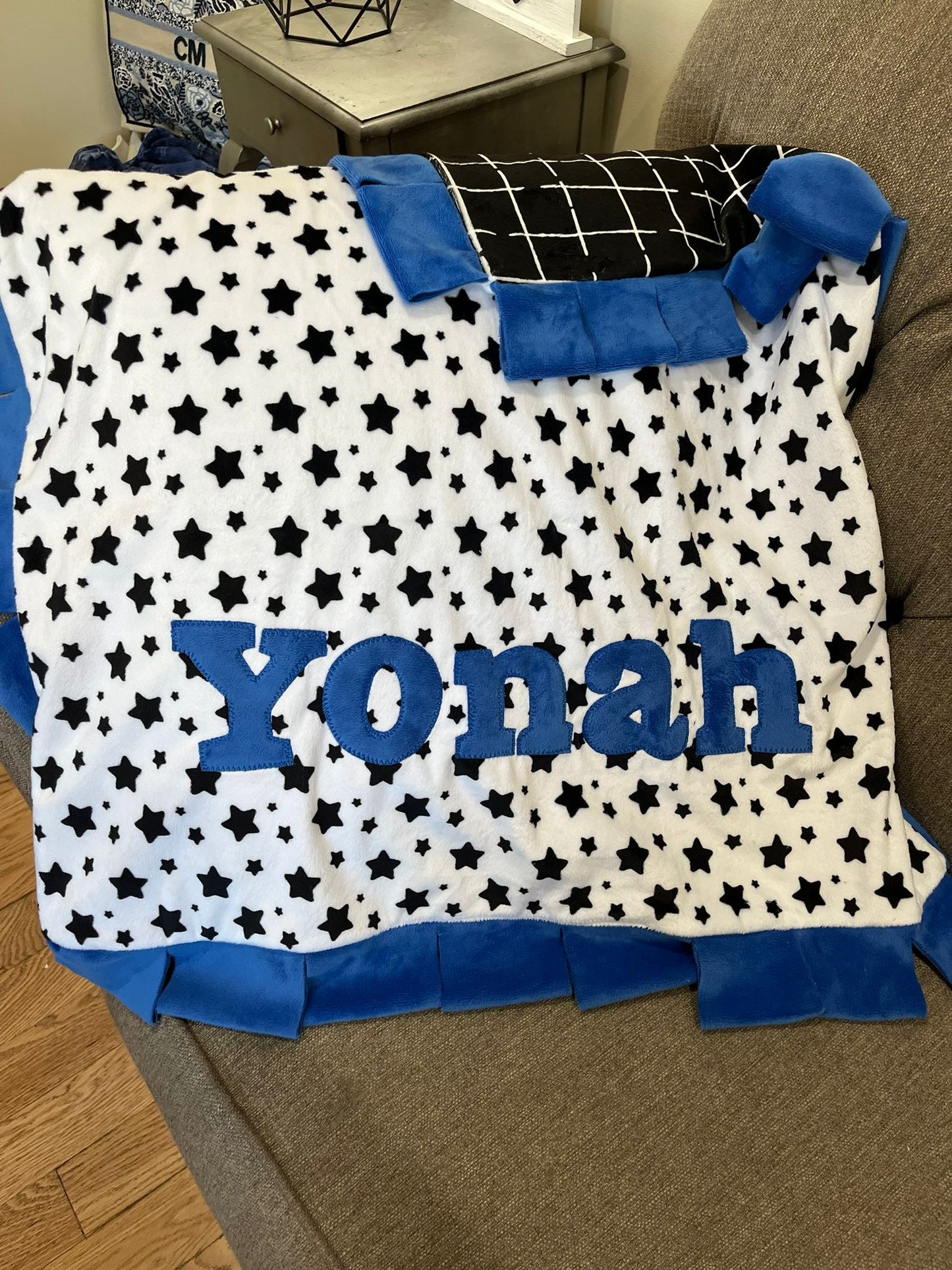 Name Game Black and White Stars Plush Minky Blanket Boy