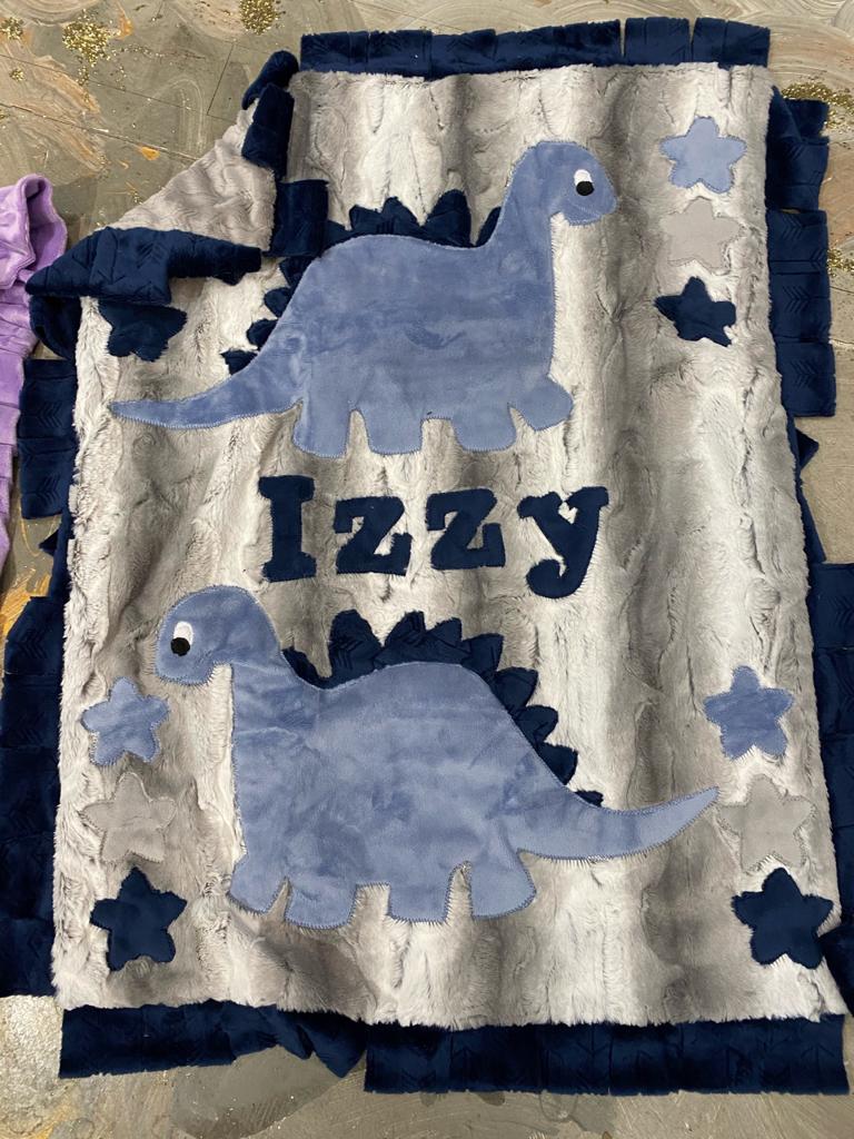 Dino blue and grey Plush Minky Blanket