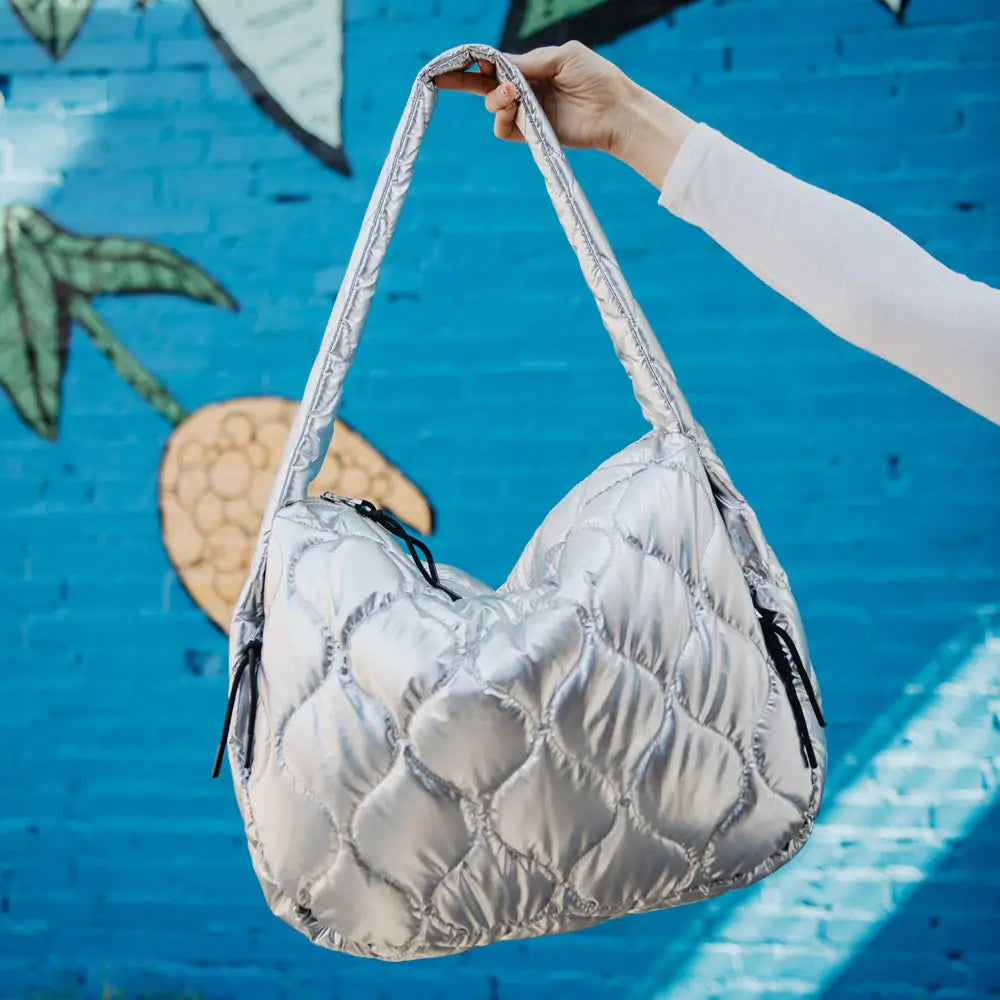 Quilted Hobo Tote Bag - Metallic Silver