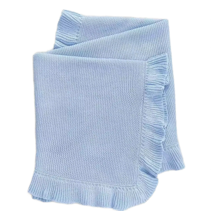 Cotton Knit Blanket Ruffle Blue