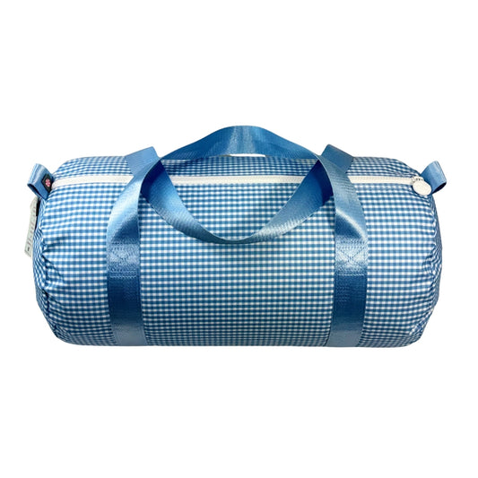 Water Resistant Medium Duffle Bag - Baby Blue Gingham