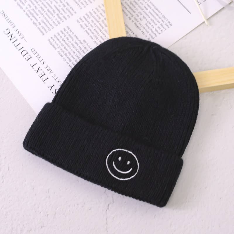 Smiley Knitted Hat  - Black