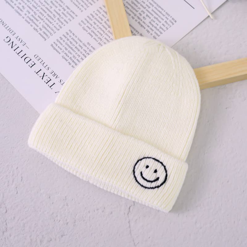 Smiley Knitted Hat - White