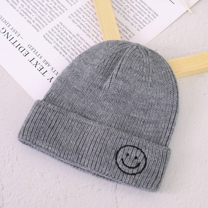 Smiley Knitted Hat - Grey