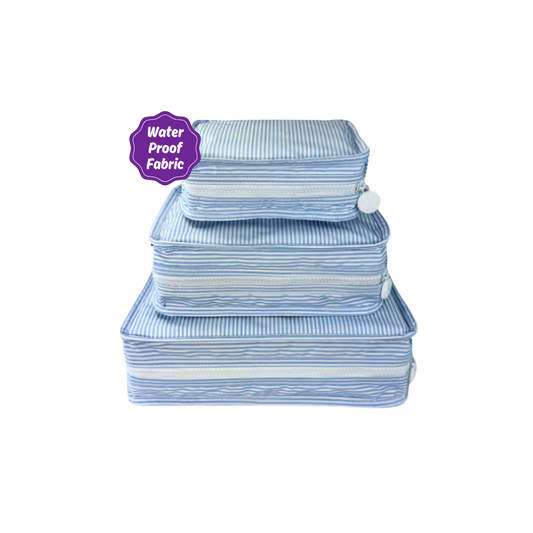 Water Resistant Packing Cubes - Baby Blue Preppy Stripe