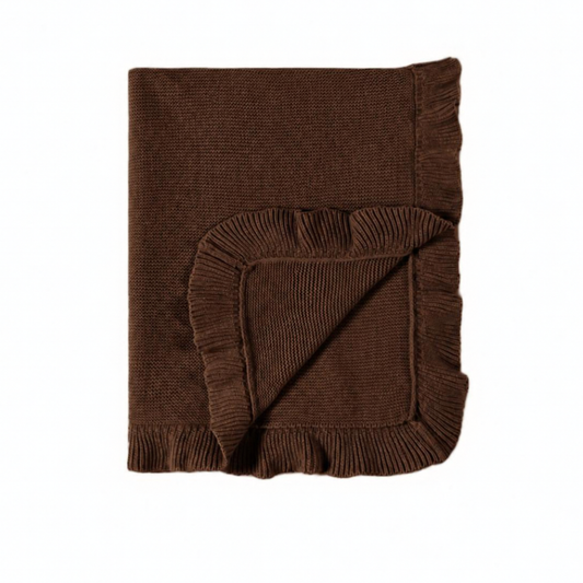 Cotton Knit Blanket Ruffle Brown