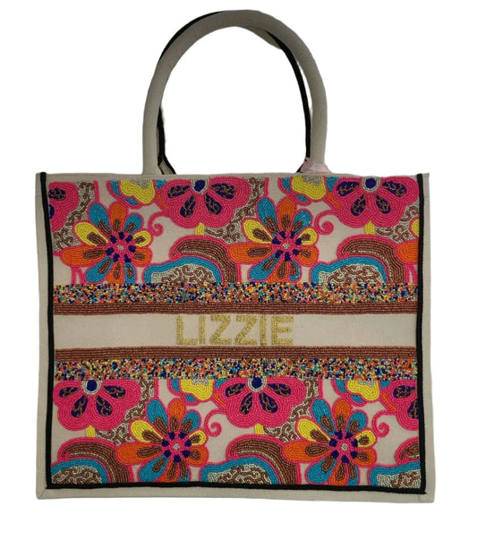 Beaded Tote - Neon Florals