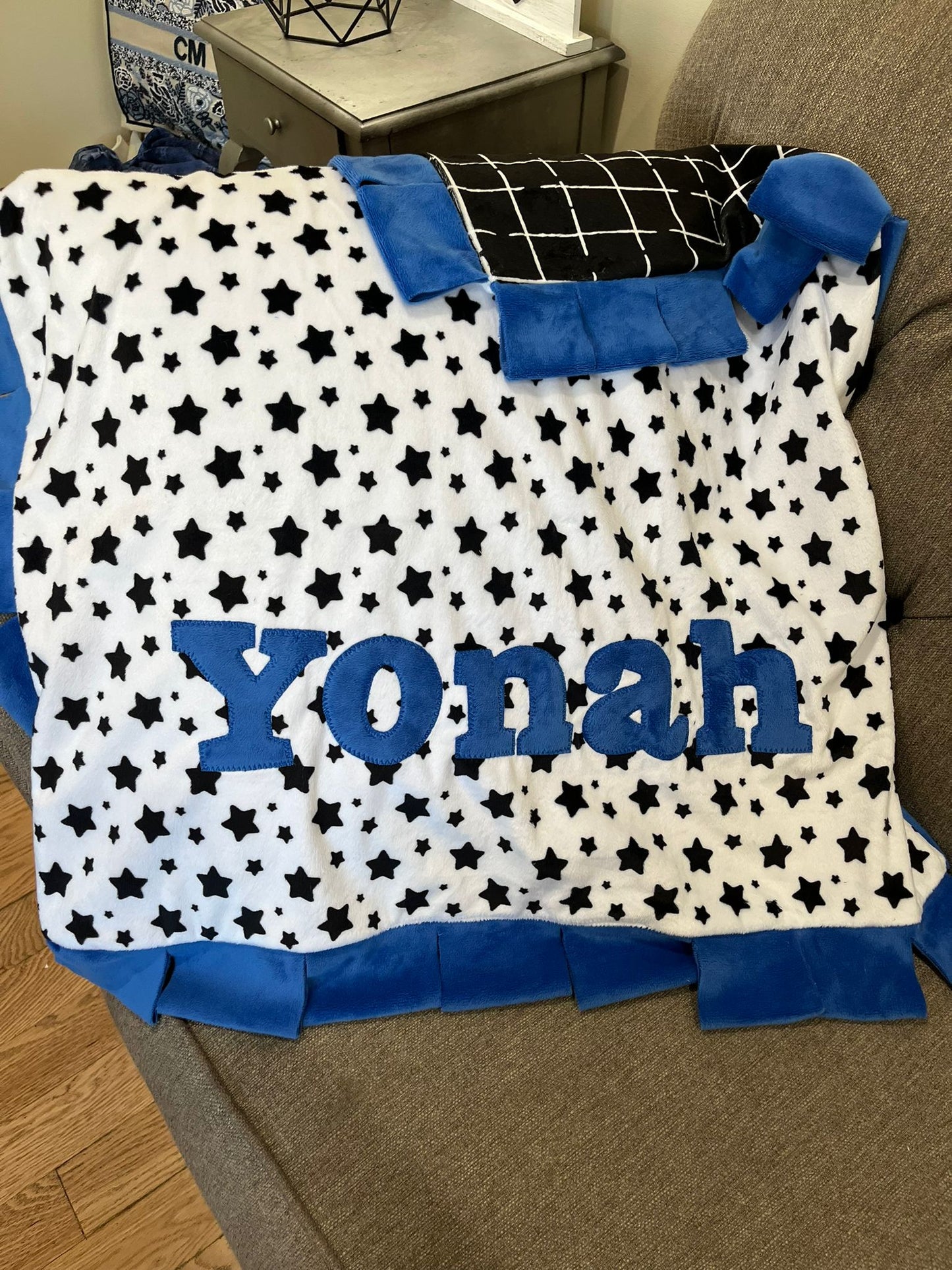 Name Game Black and White  Stars Plush Minky Blanket Boy