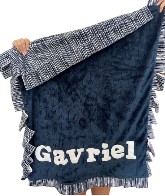 Name Game Blue and White  Stripes Plush Minky Blanket