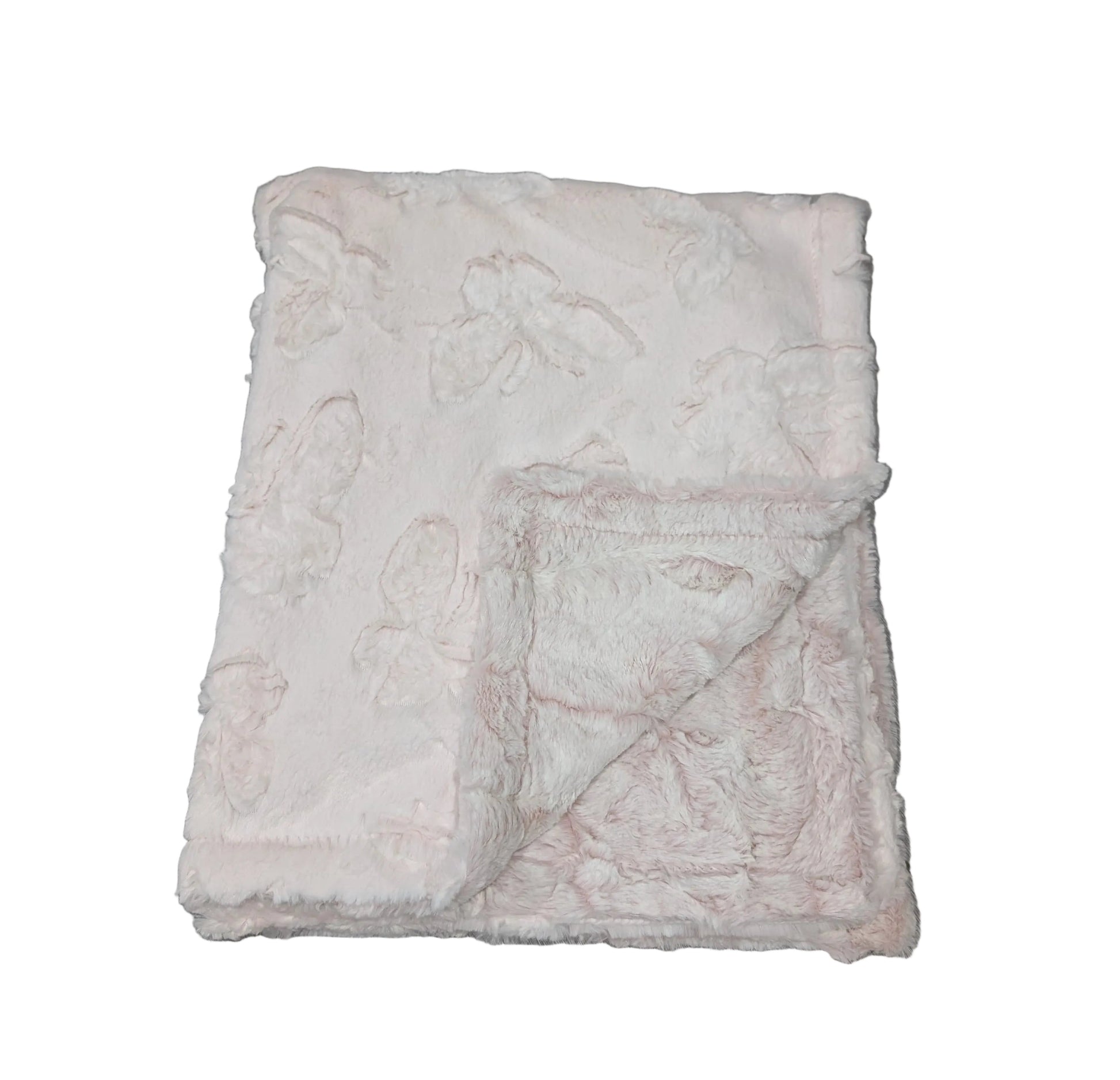 A folded light pink plush blanket with a subtle floral pattern, placed on a gray wood-plank floor.
