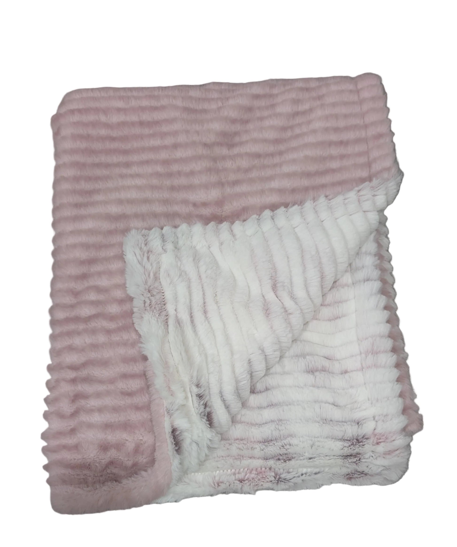 A folded pink and white striped plush blanket with a ribbed texture
