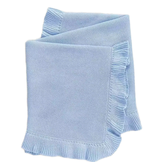 Cotton Knit Blanket Ruffle Blue